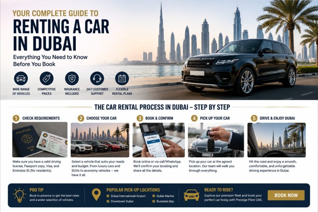 Step-by-step guide to the car rental process in Dubai with Prestige Fleet UAE.