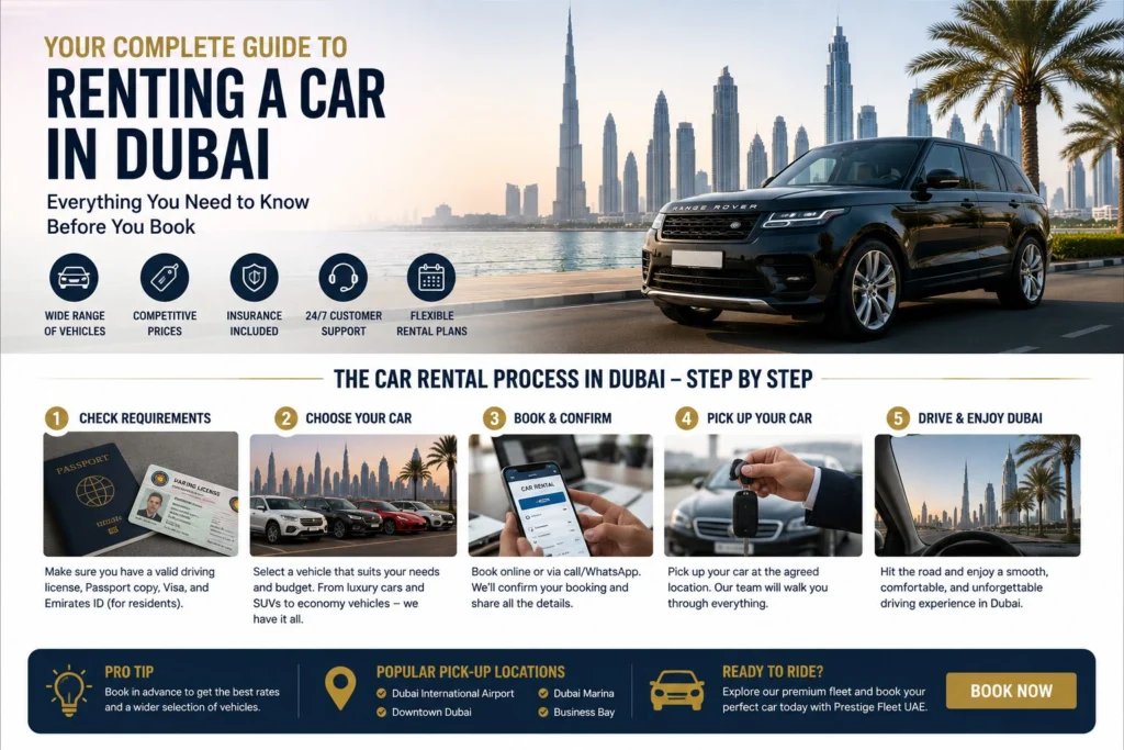 Step-by-step guide to the car rental process in Dubai with Prestige Fleet UAE.