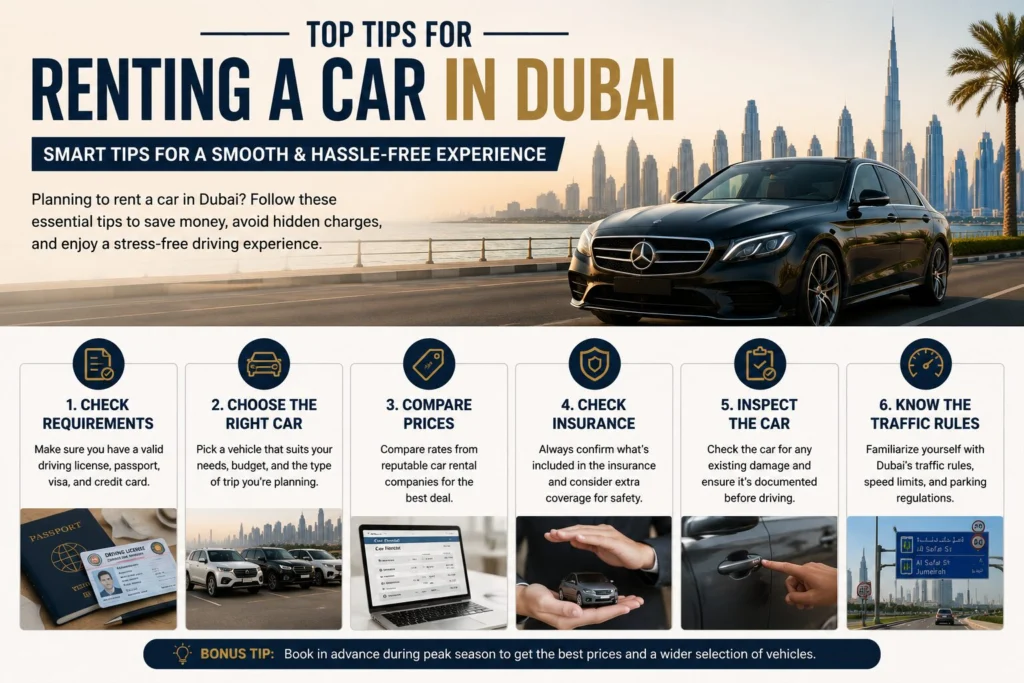 Luxury car on Dubai roads representing a complete guide to renting a car in Dubai with Prestige Fleet UAE.