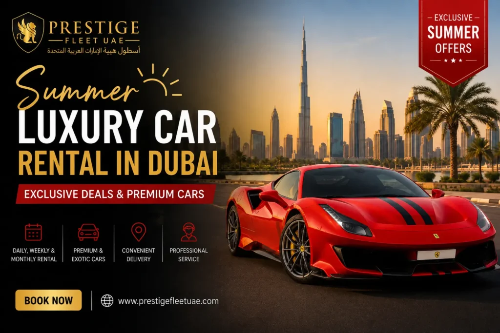 Summer luxury car rental in Dubai with a premium Ferrari and Dubai skyline