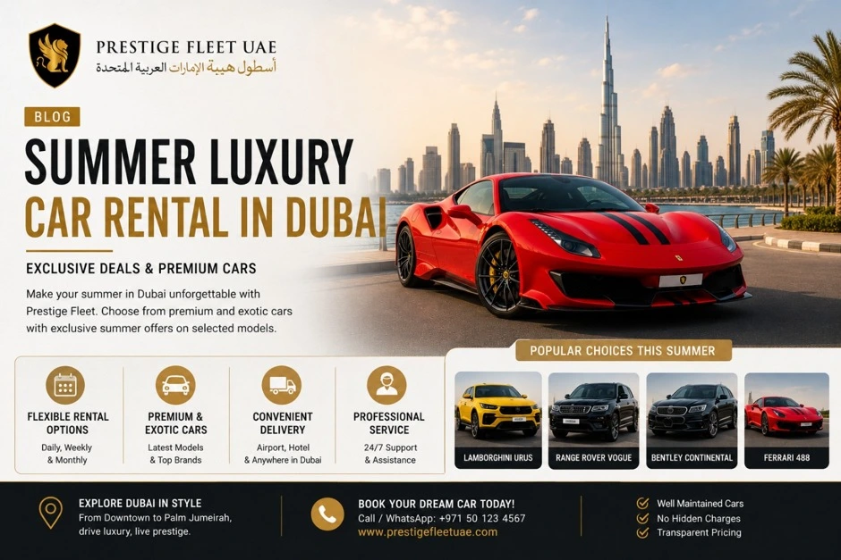 Summer luxury car rental in Dubai featuring a Ferrari and Dubai skyline